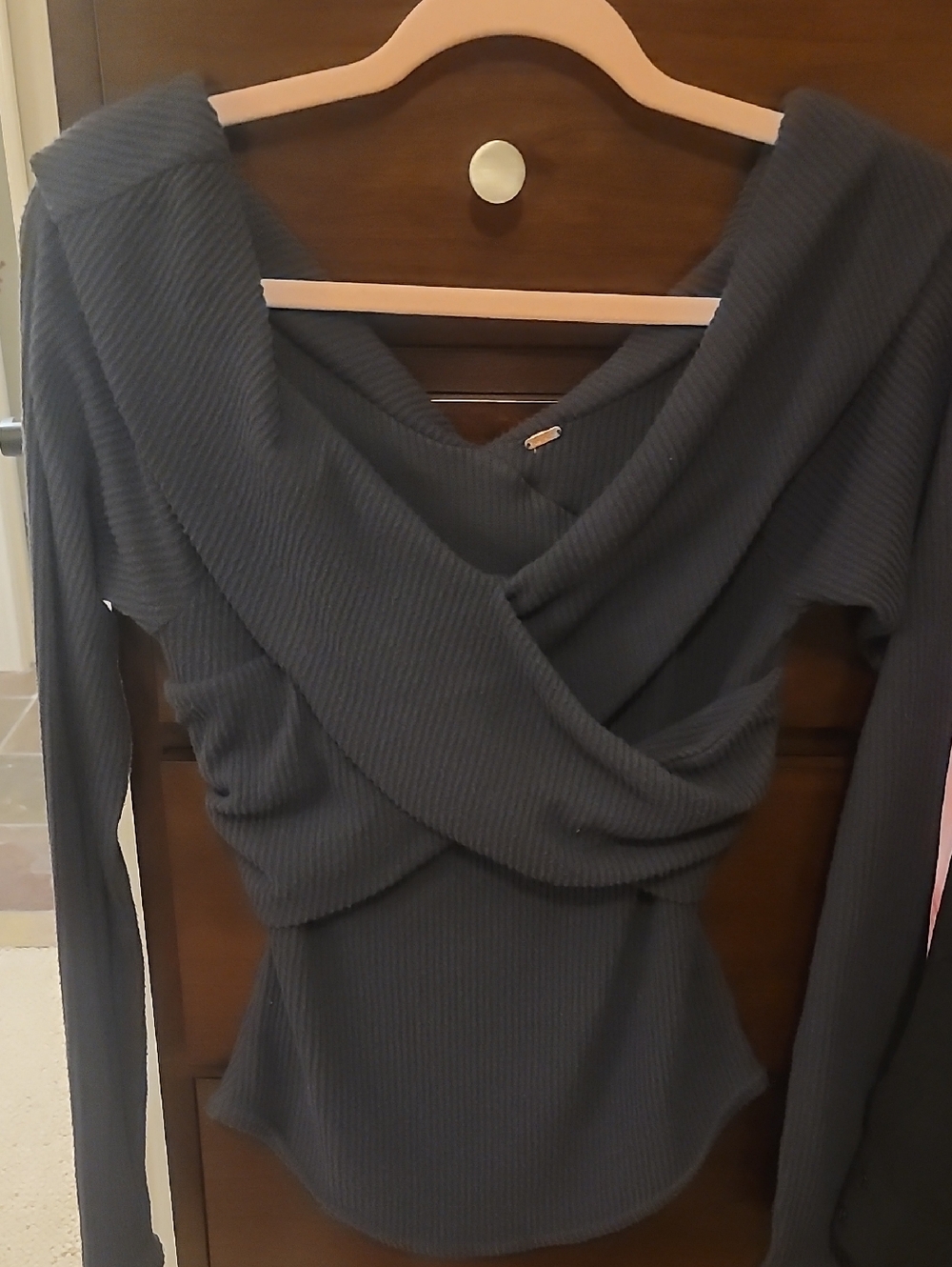 Free People Ribbed Wrap-Front Long Sleeve Top in Charcoal